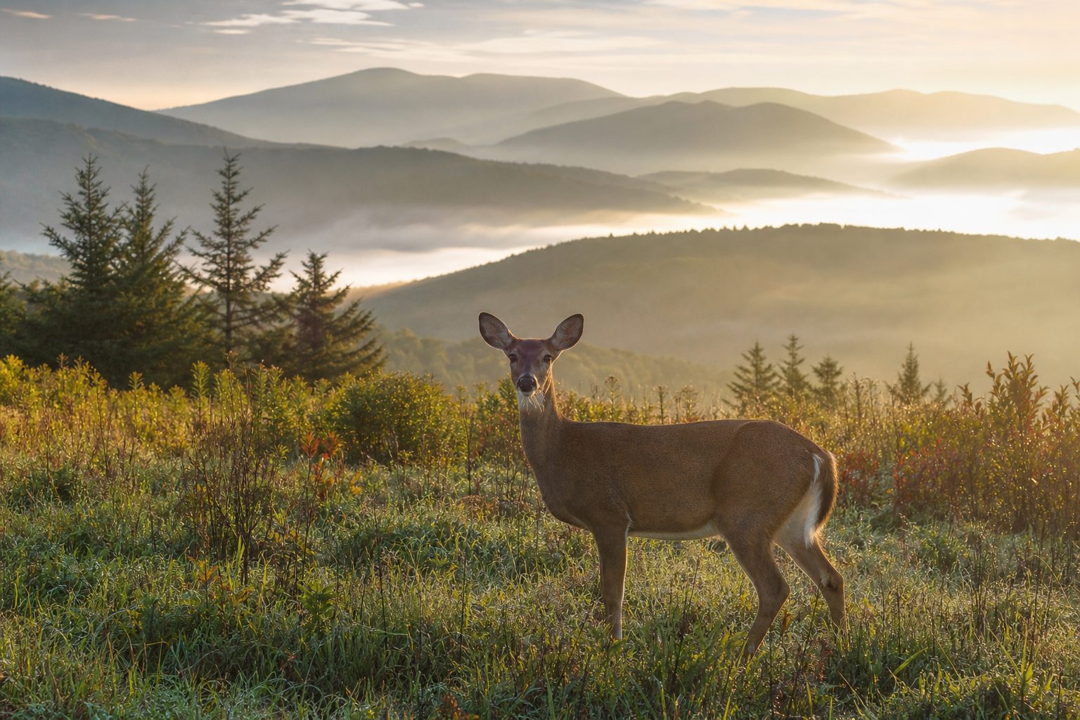 White-tailed deer in a misty mountain meadow in the Blue Ridge Mountains