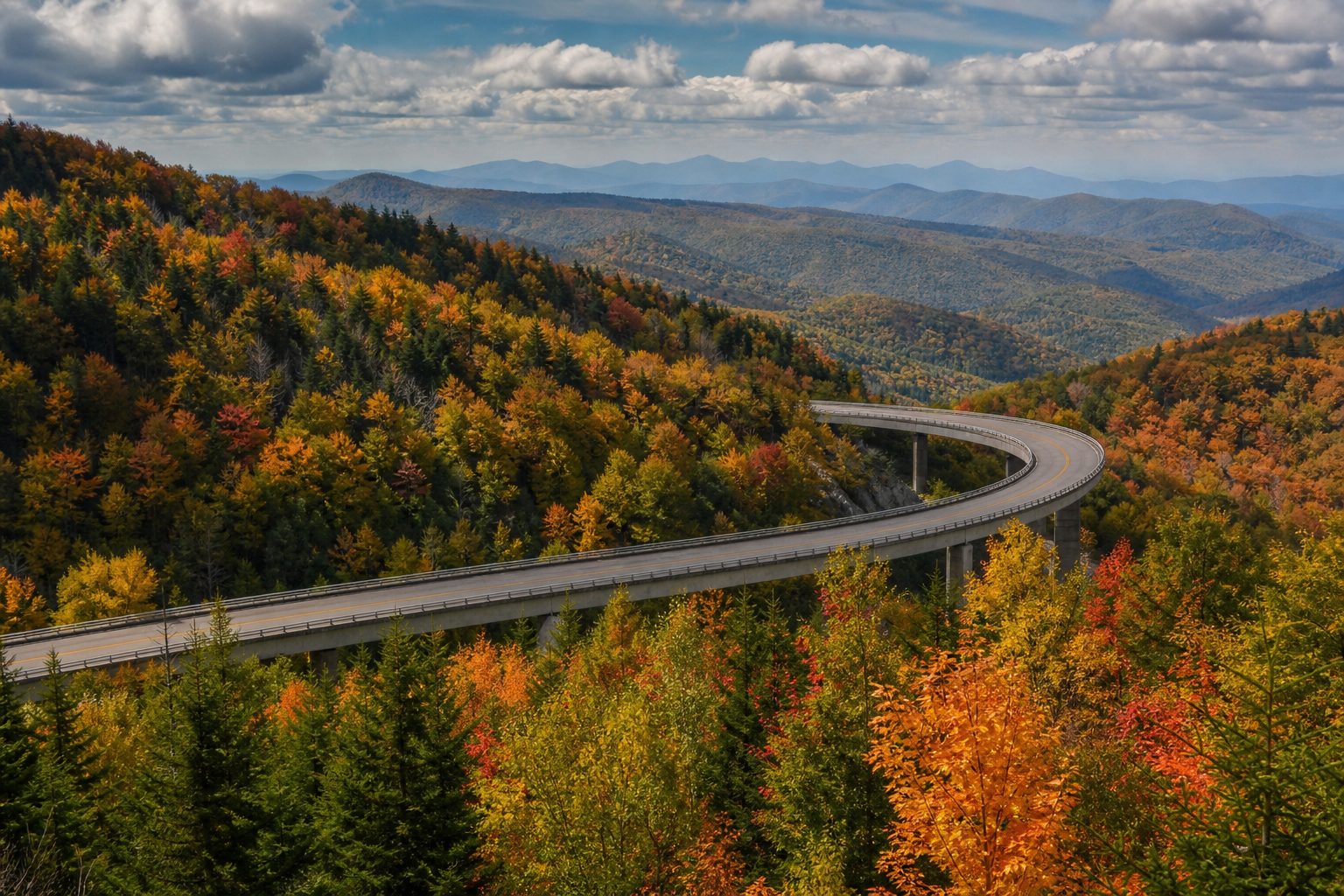 Blue Ridge Parkway winding through NC mountains in autumn with fall foliage